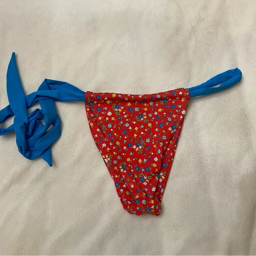 New! Frankies Bikinis Kealy Tie Side Cheeky Bikini Bottom Red Blue 1488